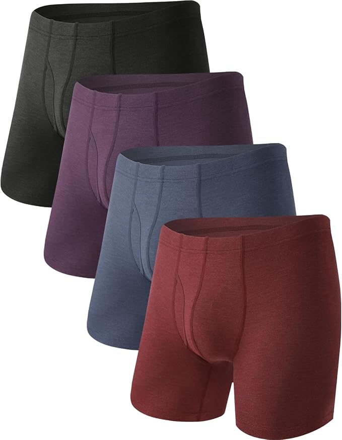 Bamboo rayon boxer briefs in charcoal, plum, blue and burgundy manufactured by TTI Knitwear