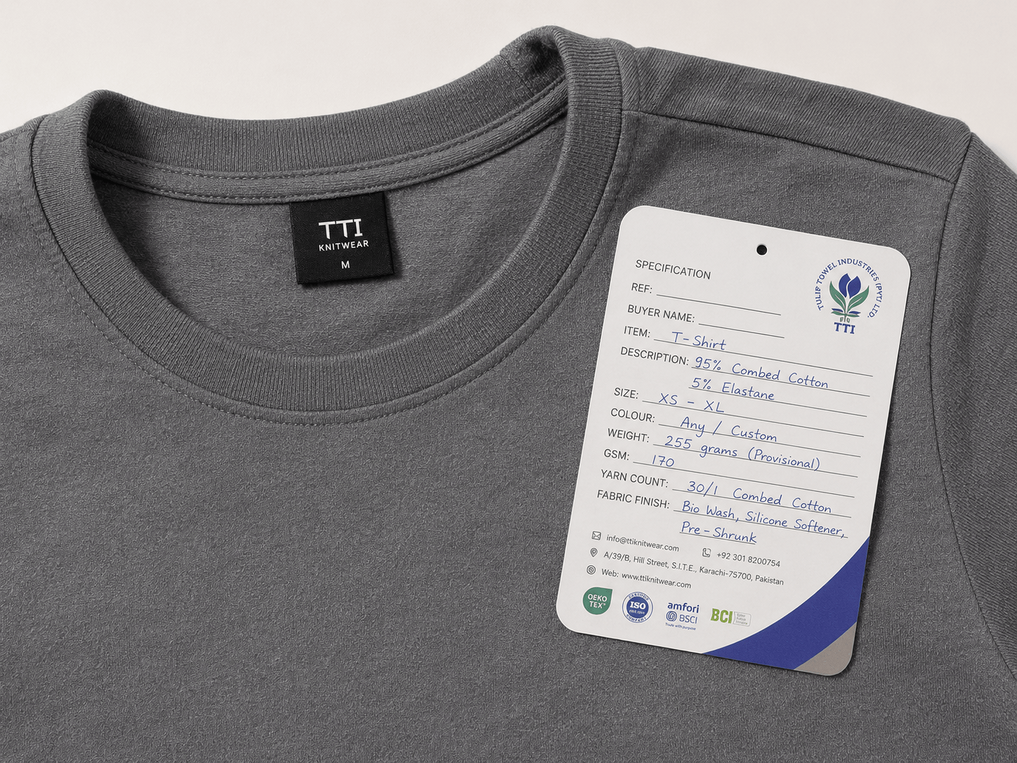 Plain T-shirt with TTI specification tag, manufactured by TTI Knitwear